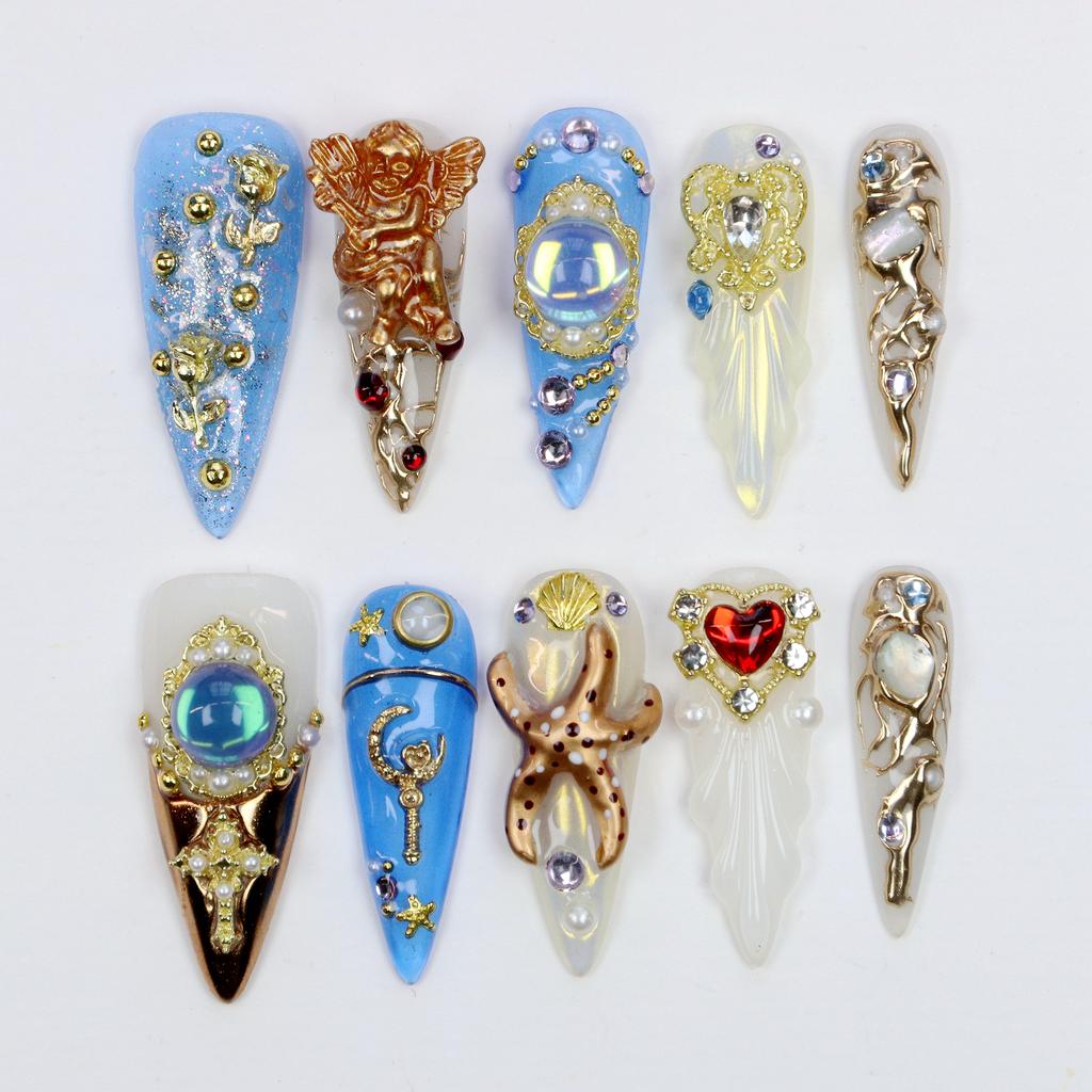 10Pcs 3D Beautiful Handmade Manicure Press On Nails, Acrylic Fake Handpainted Flowers Custom Design Adhesive Nail File Set