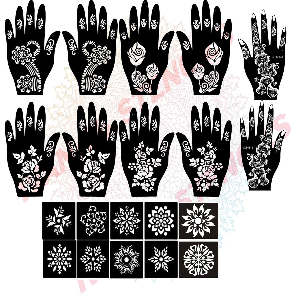 Ivana's Mehndi Tattoo Stencil Mehndi Design for Hands Set of 20 Pc Combo Pack,10 Pcs Hand Design 10 Pcs Round Stencils for Women, Girls and Kids, E
