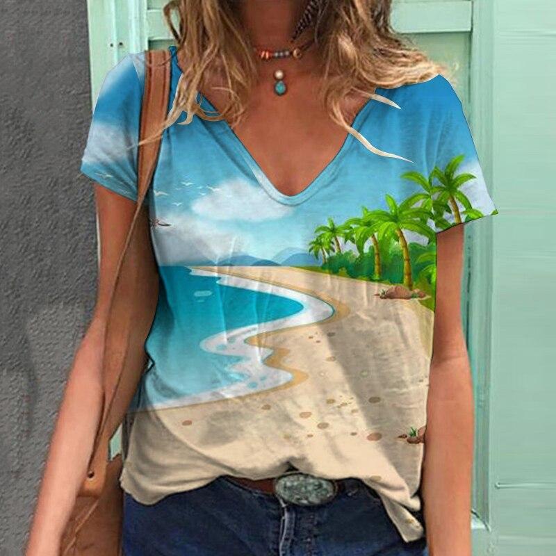 2023 Summer Beach Print Women T Shirt Tops Short Sleeve V-Neck Casual Tshirts Loose Streetwear Tees Women Clothing Blusas 25699