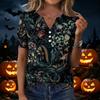 Women's Casual Halloween Print V-Neck Short Sleeve Button T-Shirt Top