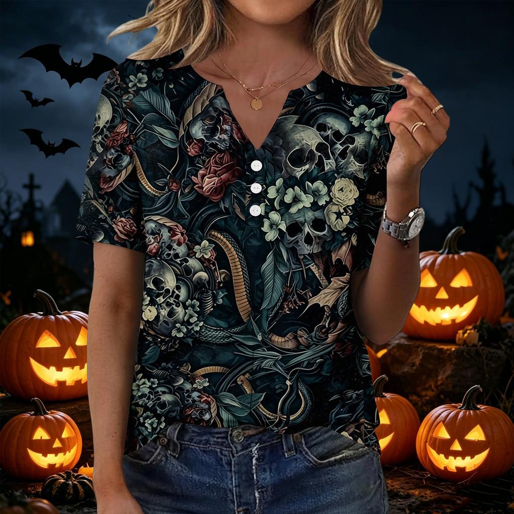 Women's Casual Halloween Print V-Neck Short Sleeve Button T-Shirt Top