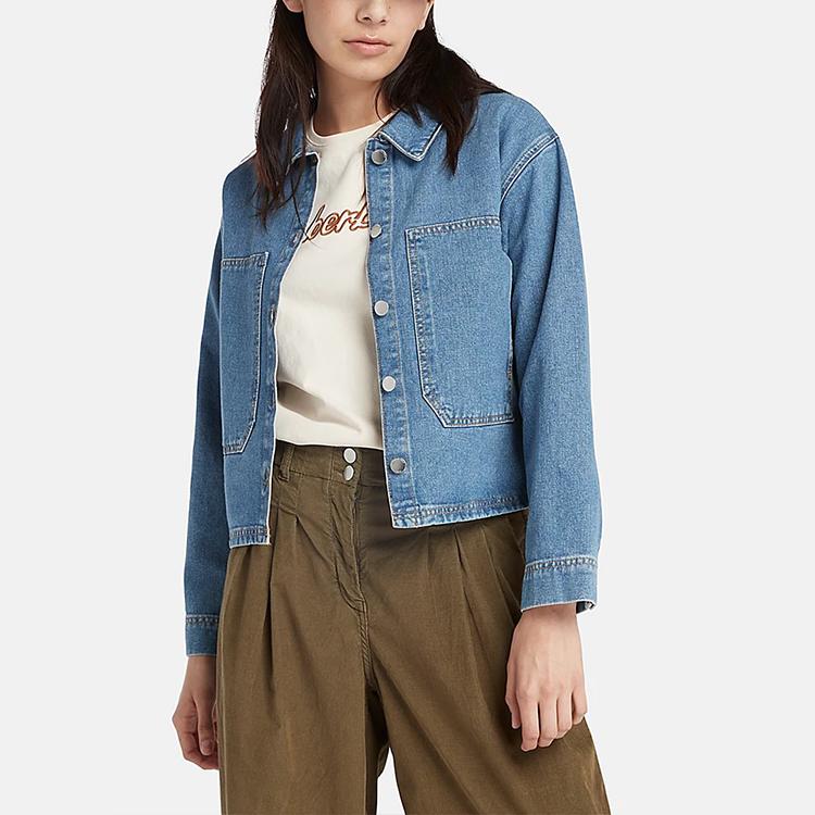 Timberland Jednokolorowa zapinana na guziki kurtka dżinsowa z wieloma kieszeniami z długim rękawem damska kurtki Niebieska A6HDS-EA5