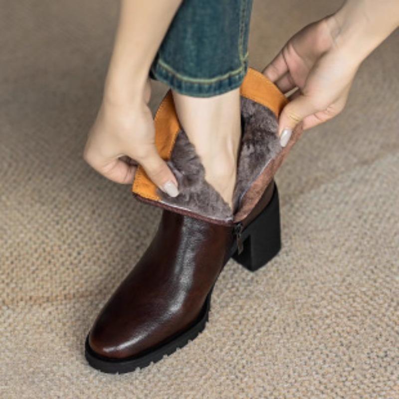 

Ботильоны с круглым носком, Обувь нового стиля, Удобные, Флис, Утепленные ботинки на высоком каблуке, Женская обувь 40 темно-коричневого
