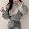 Korea Chic Autumn Niche Design Sense Round Neck Buckle Waist Slimming Long Sleeve Short Pullover Hoodie Top Female