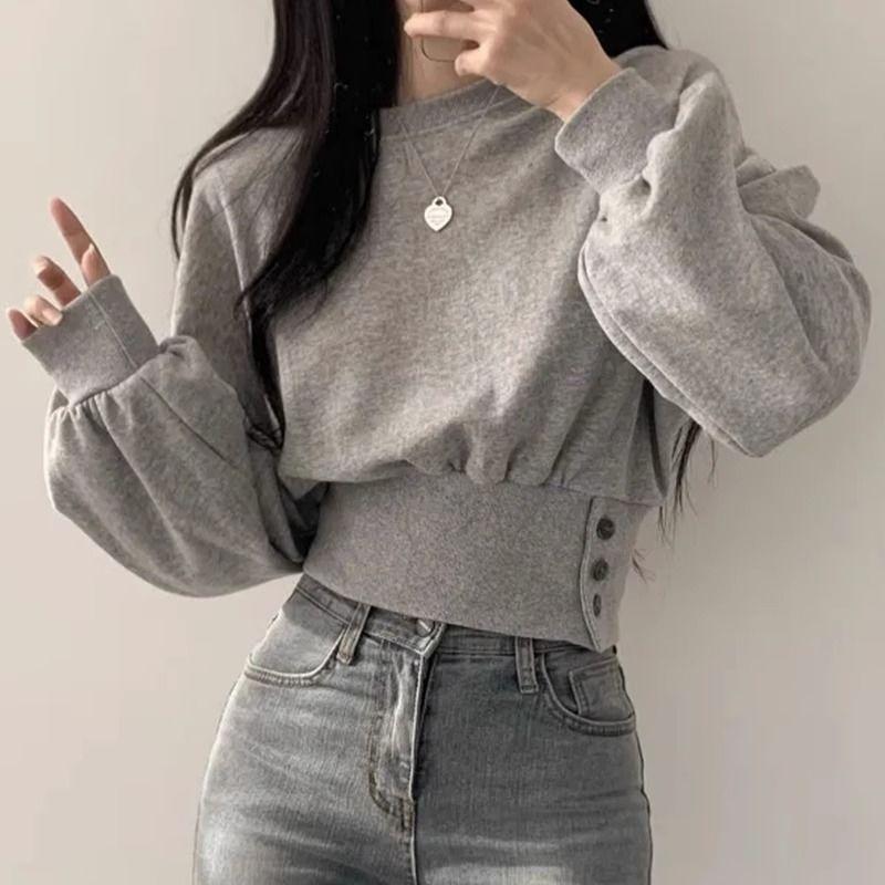 Korea Chic Autumn Niche Design Sense Round Neck Buckle Waist Slimming Long Sleeve Short Pullover Hoodie Top Female