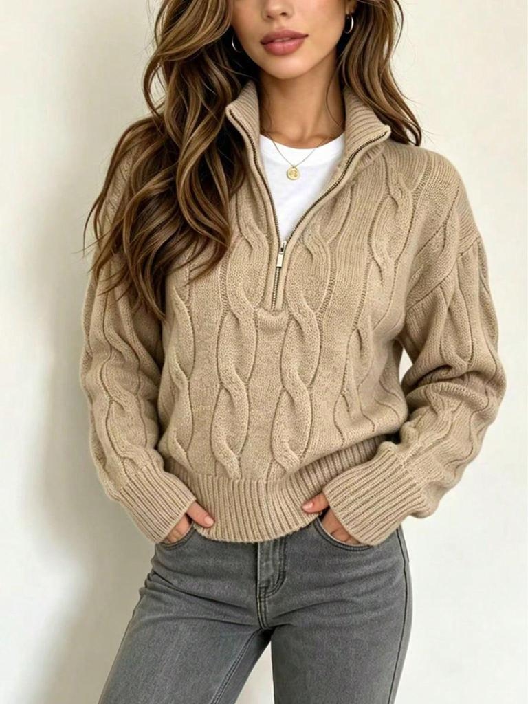 Europäischer & Amerikanischer Lässiger Strickpullover: Damen Pullover mit durchgehendem Reißverschluss, einfarbig, lange Ärmel