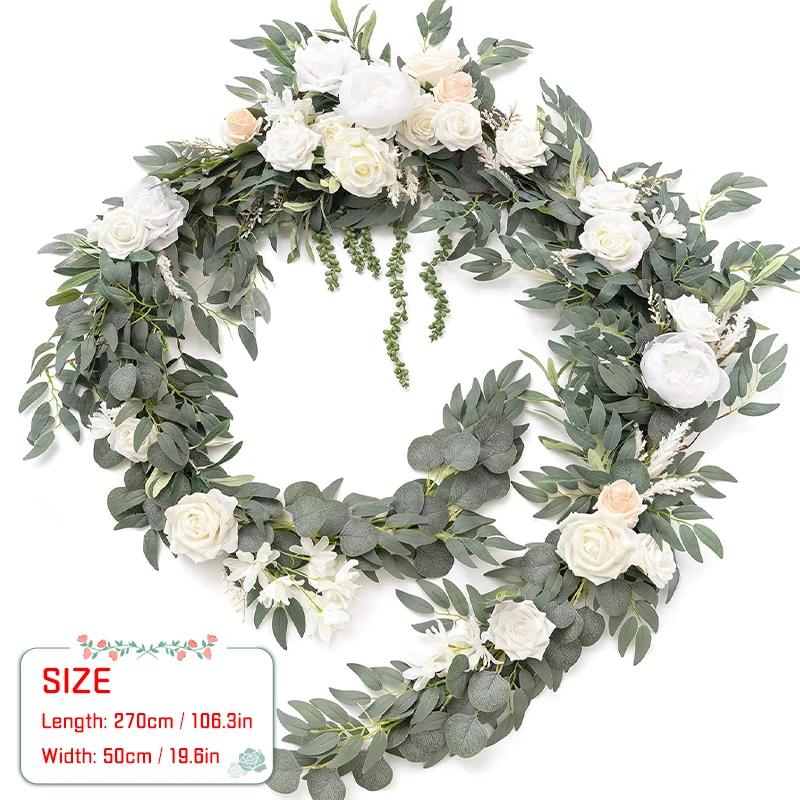1.8/2.7M Artificial Flowers Wedding Eucalyptus Garland with Rose Wedding Table Centerpieces Boho Bridal Shower Decoration Wreath