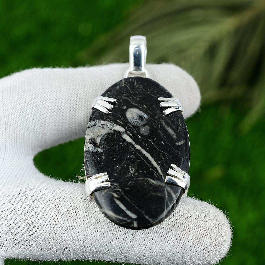 Geschenk für Sie 925 Sterlingsilber Natürlicher Schwarzer Fossilkorallen Edelstein Anhänger