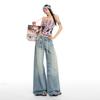 Spring Summer Vintage 3D Cat Whisker Distressed Floor Denim Pants For Ladies Casual Pants Oversize Denim Trousers