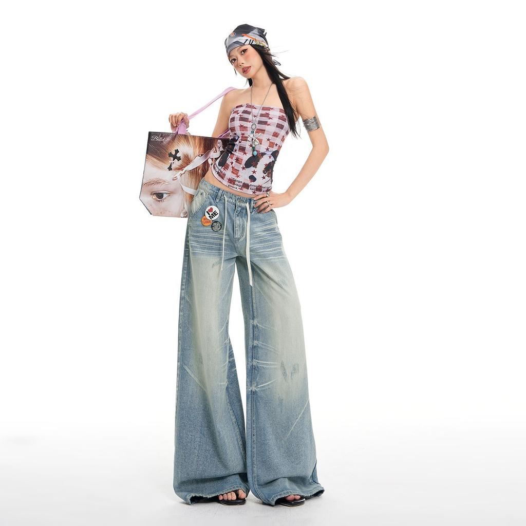 Spring Summer Vintage 3D Cat Whisker Distressed Floor Denim Pants For Ladies Casual Pants Oversize Denim Trousers