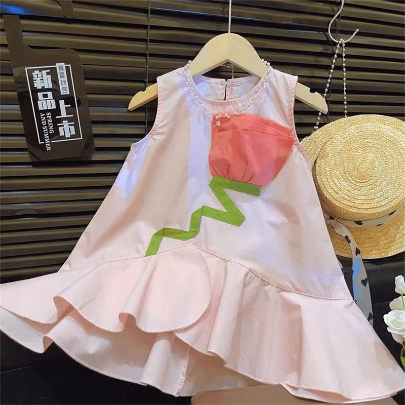 Summer Girls Sweet Floral Sleeveless Cotton Dress Cute Mermaid Hem Princess Party Dress For Kids 80cm