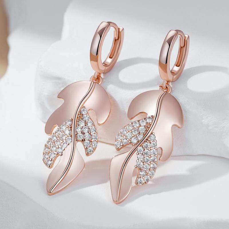 Unique Long Leaf Dangle Earrings For Women Fashion Rose Gold Color With Natural Zircon Luxury Daily Party Jewelry Gift