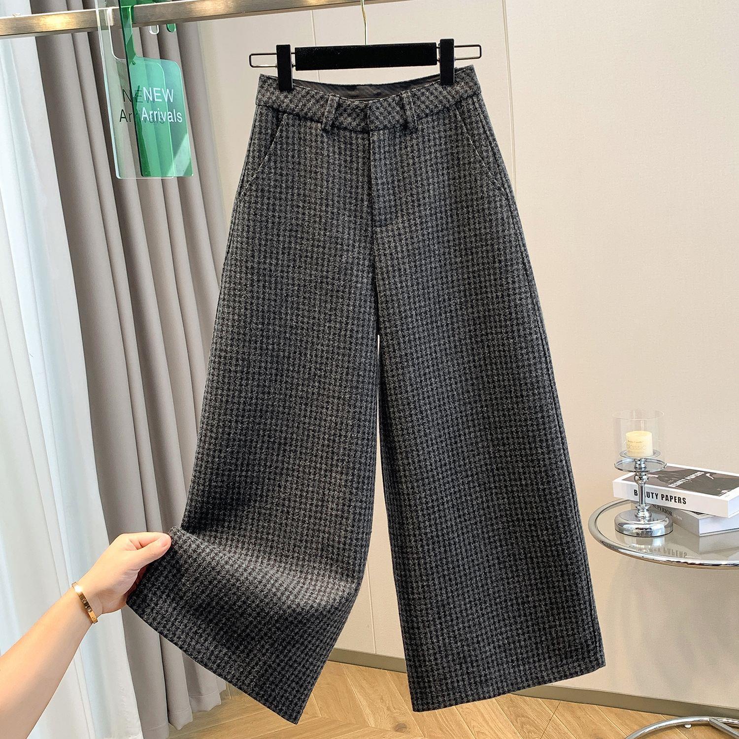 

Women s Retro Houndstooth Wool Wide-Leg Pants: Thick, Plus-Size, Elastic High Waist - Winter Casual Versatile Straight Style L (105-120 jin)