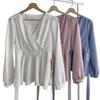 Elegant V-neck Chiffon Blouse - Women's Spring/Autumn, Waist-Slimming Tie-up, Long-Sleeve, Sweet Fairy Style