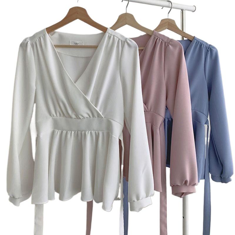 Elegant V-neck Chiffon Blouse - Women's Spring/Autumn, Waist-Slimming Tie-up, Long-Sleeve, Sweet Fairy Style