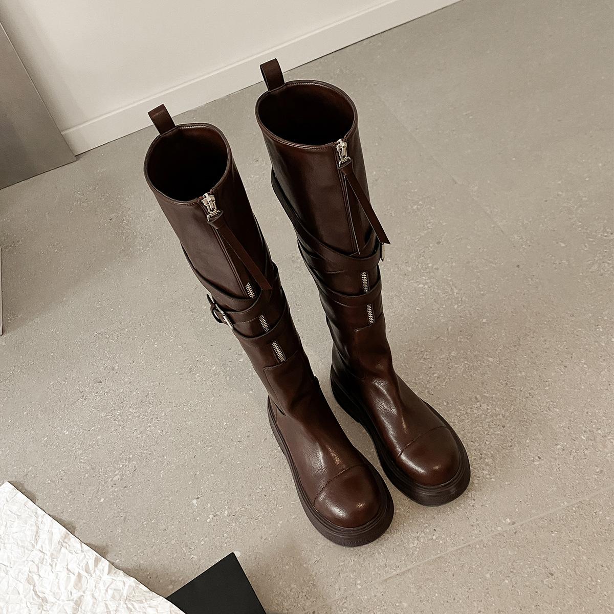 

Cowhide version~ platform boots women s British style knight boots retro fold autumn and winter Maillard locomotive boots 40