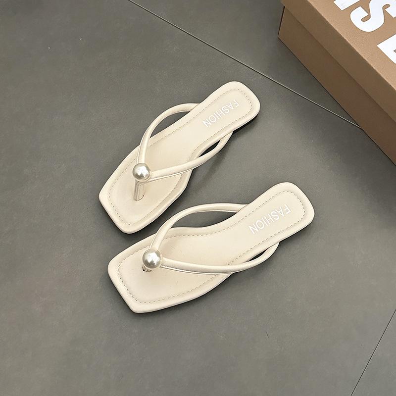 New Seaside Beach Shoes Korean Version of Women's Summer Fashion Flat Bottom Simple Solid Color Pearl Toe Flip-flops Shoes Versatile