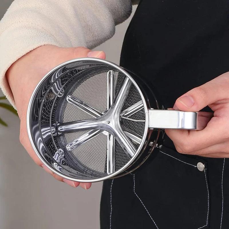 Stainless Steel Flour Sifter Cup Manual Shaker Sieve Cup For Baking Coffee One Hand Press Flour Sifter With Scale Cake Tool
