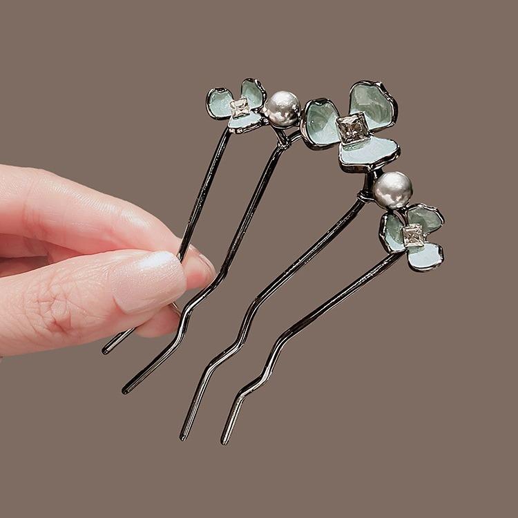 Chinese Ancient Exquisite Pearl Rhinestone Flower U-shaped Hair Comb Women Elegant Temperament Daily Metal Hairpin