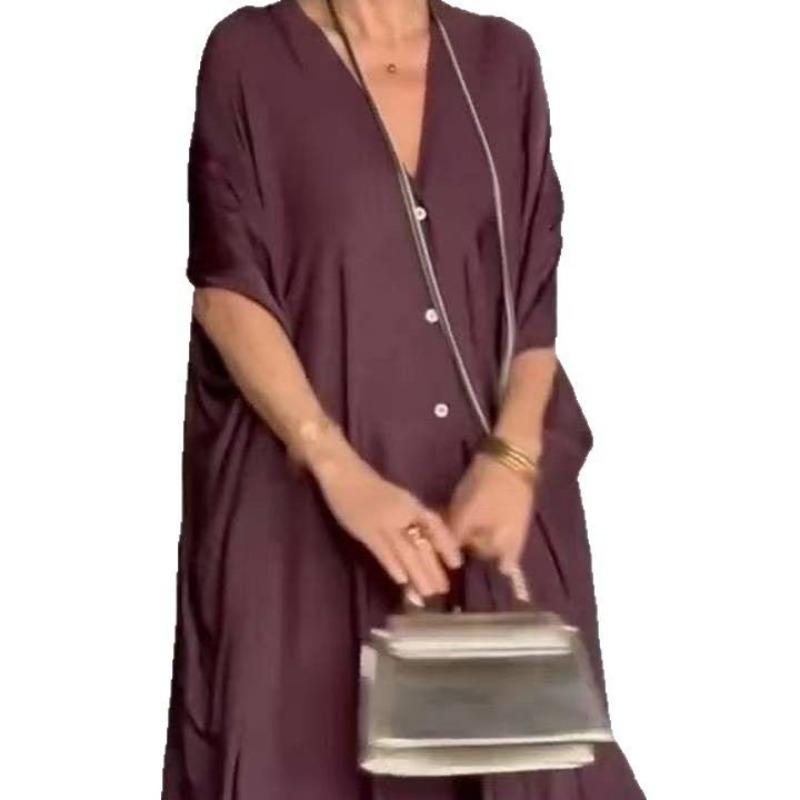 Lockeres Freizeitkleid aus Satin mit V-Ausschnitt für Damen