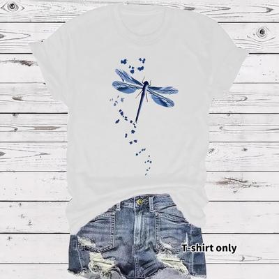 T-shirt estiva da donna a maniche corte con scollo rotondo, comoda e con stampa libellula