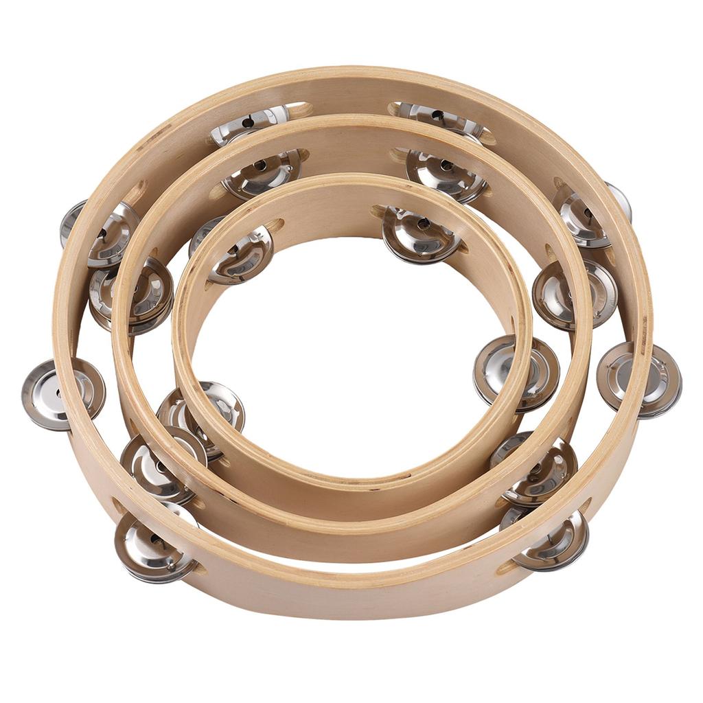8 Inch Tambourine for Adults Pleasant Jingle Sound Hand Cranked Bell Rings Wooden Natural Color Metal Bell Sound
