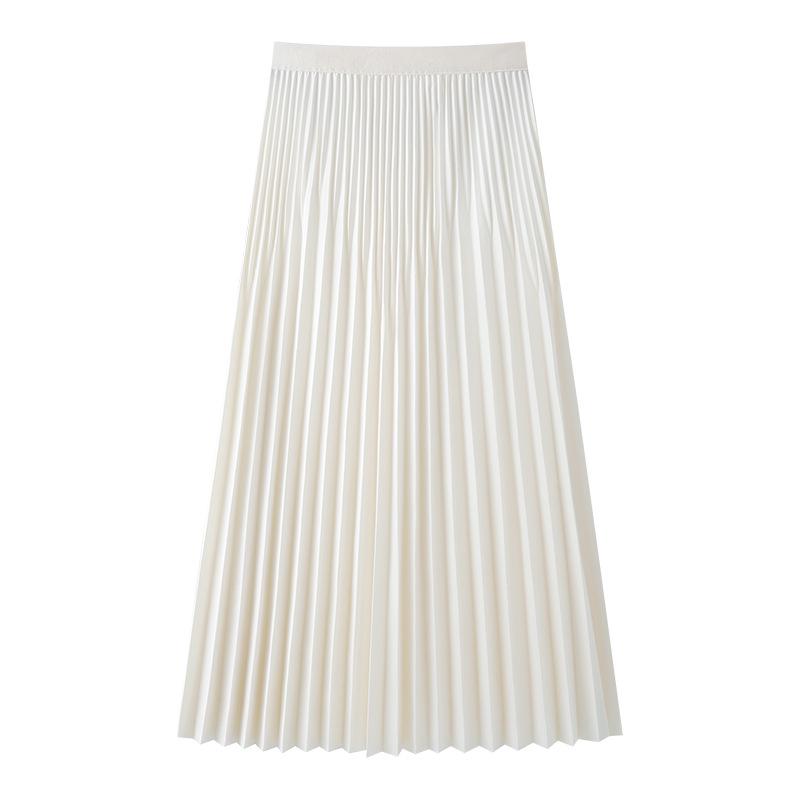 2025 Women's White High-Waist Pleated Midi A-line Skirt