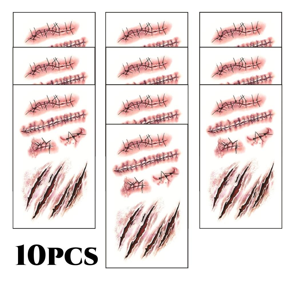 10pcs 3D Fake Scar Tattoos Sticker Body Face Realistic Scab Temporary Tattoos Halloween Horror Wound Bloody DIY Makeup Stickers