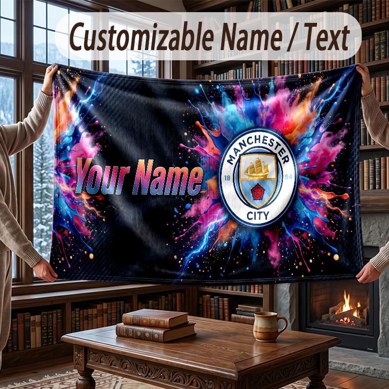Custom Name Flannel Throw Blanket Manchester City Pattern Warm Home Decoration