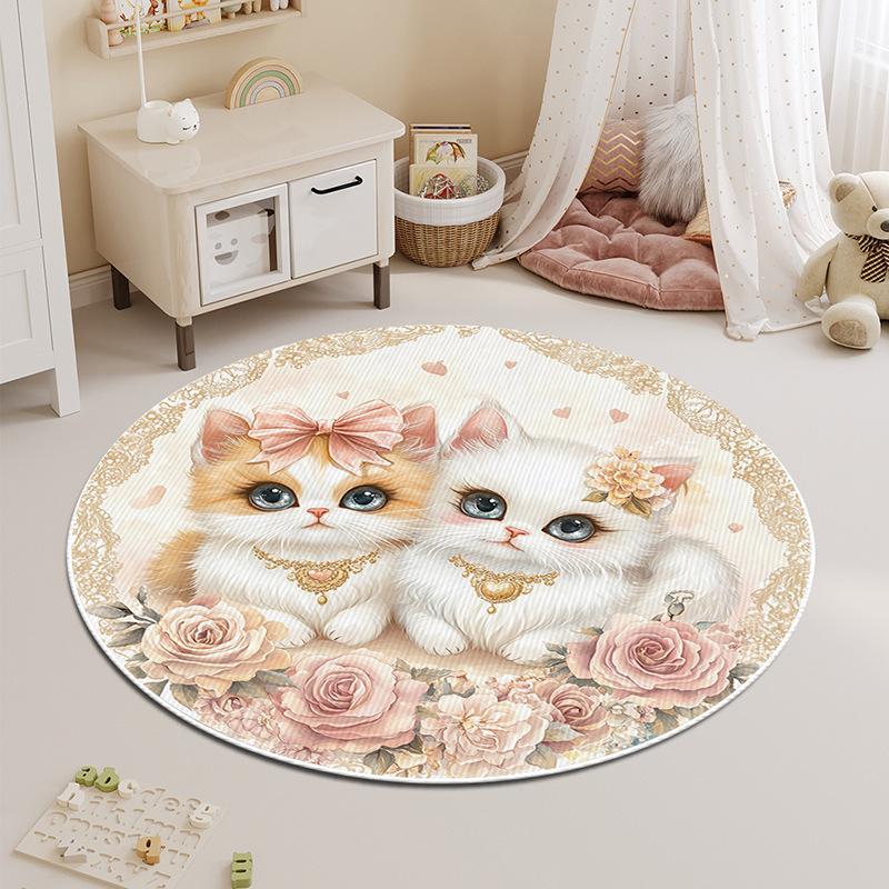 Round Carpet Bedroom Stain-resistant Cartoon Cat Bedside Children's Rug Floor Mat Living Room Washable Thickened Coffee Table Mat