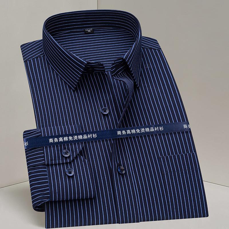 Men Formal Shirt Long Sleeve Office Solid Color Striped Anti-Wrinkle Fashion Business Pocket White Social Pocket Blue Shirt