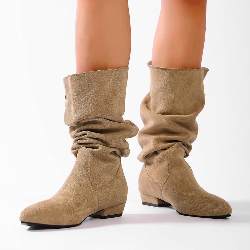 Retro Pointed Toe Stack Boots Women's New Fashion Metal Buckle Soft Slip Anti-slip Thigh Boots