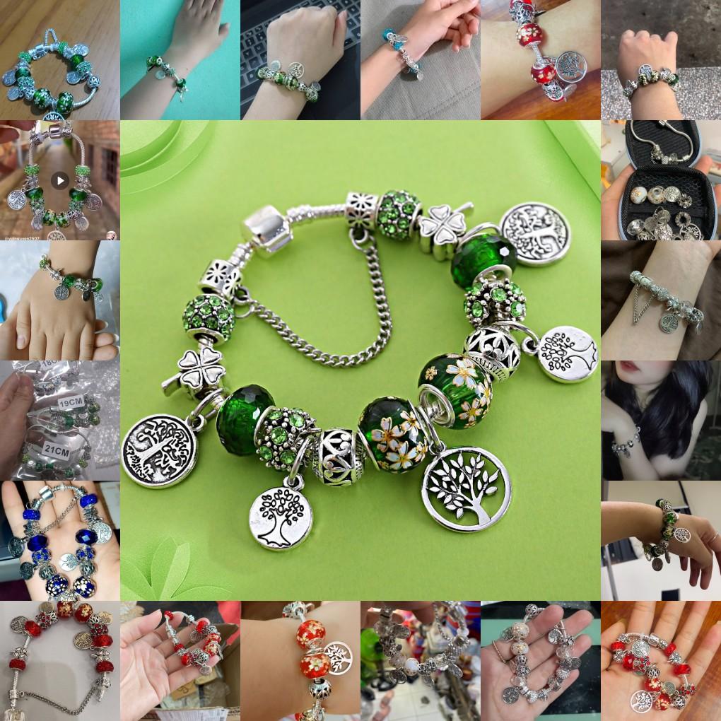 Silver Tree of Life Bead Bracelet with Green Leaf Floral Crystal Charm Fashion Jewelry for Women