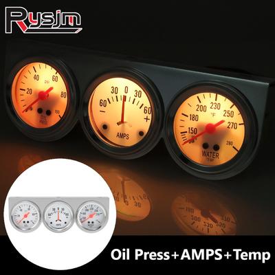 2" 52mm Chrome Panel Oil Pressure + Water Temp + Amp Meter 3 IN 1 Triple Auto Gauge Set with White Face For Car Truck