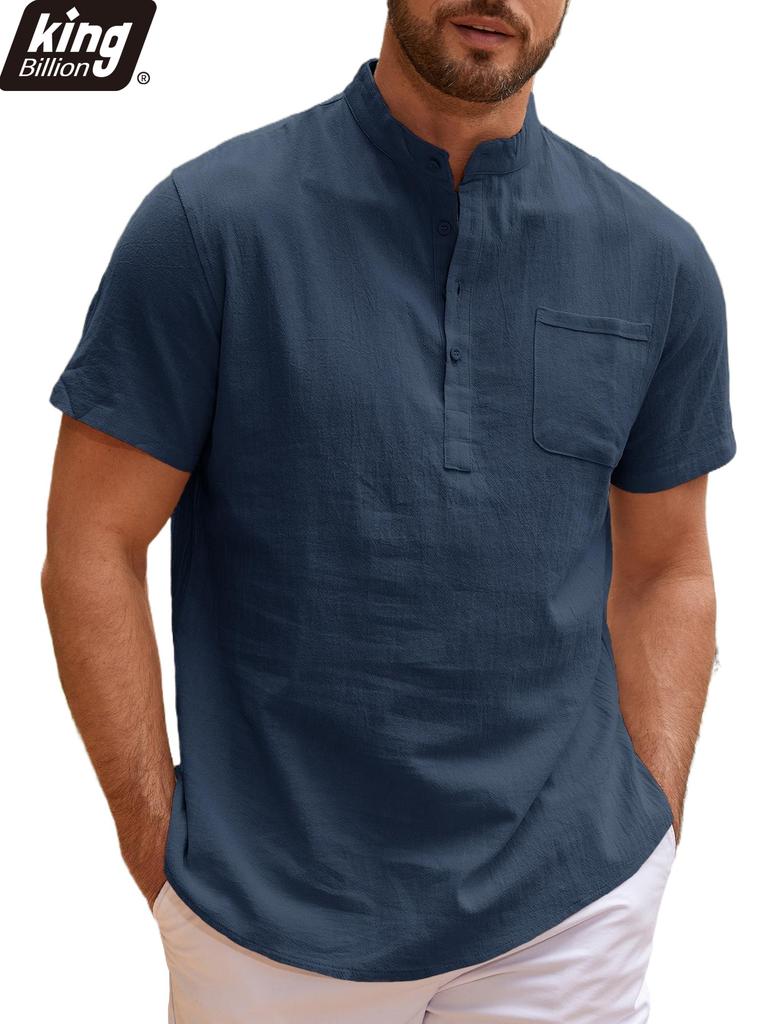 Summer New Men's Lightweight Cotton Linen Short Sleeve Henley Neck T-shirt - Breathable Casual Basic Style Solid Color Tops