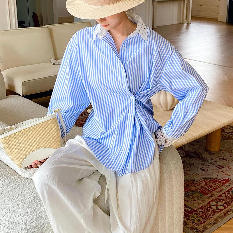 

Женская осенняя рубашка с длинным рукавом из французского хлопка - Синяя в белую полоску, топ в стиле светской львицы Medium