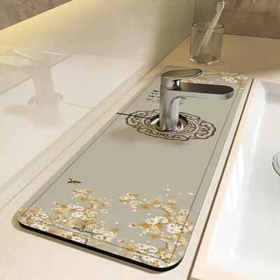 Diatom Mud Faucet Draining Mat Chinese Floral Print Super Absorbent Quick Drying Splash-proof Foldable Non-slip Bathroom Kitchen Sink Faucet