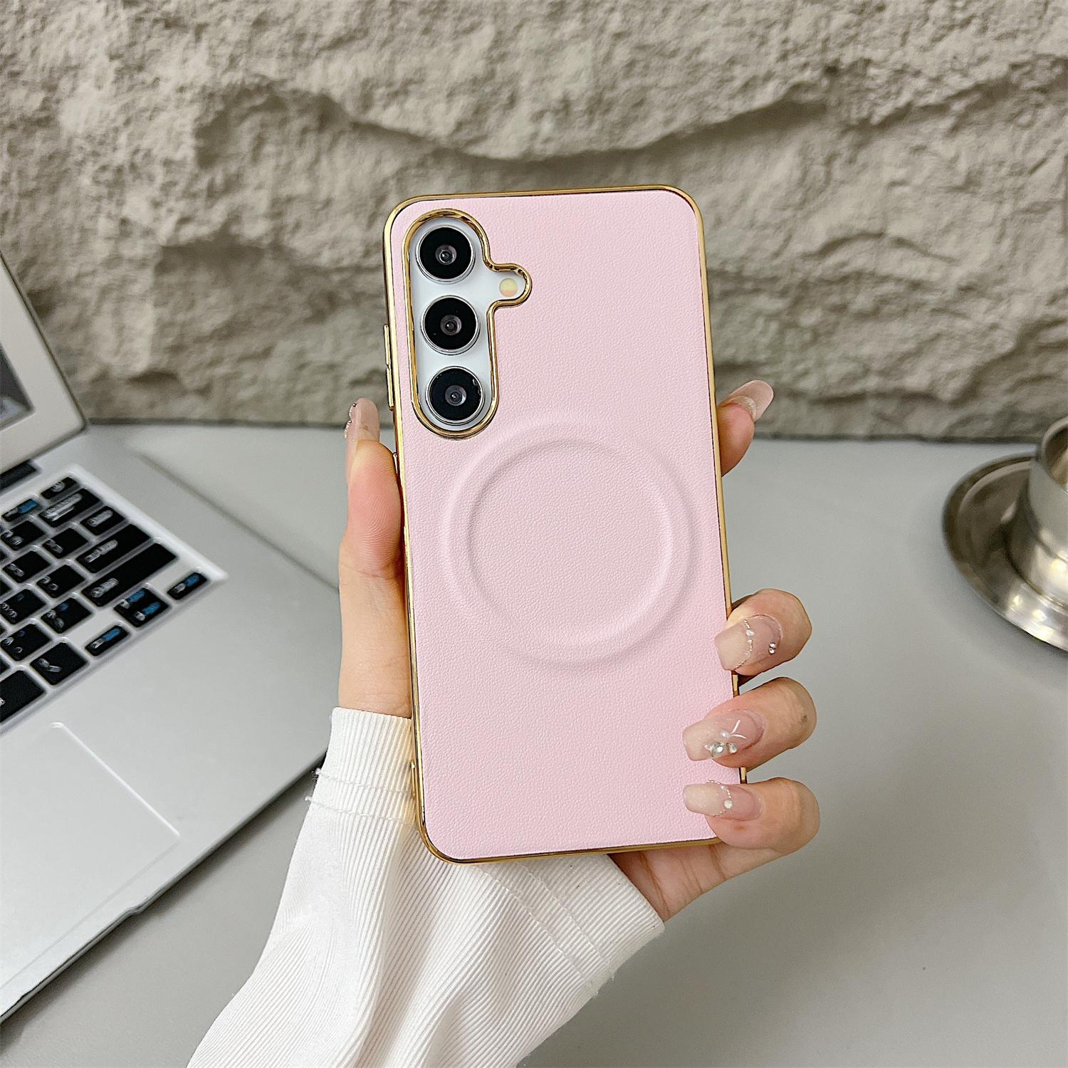 

For Samsung Galaxy S25+ Magnetic Case Nappa Texture PU+TPU+PC Phone Back Cover Pink