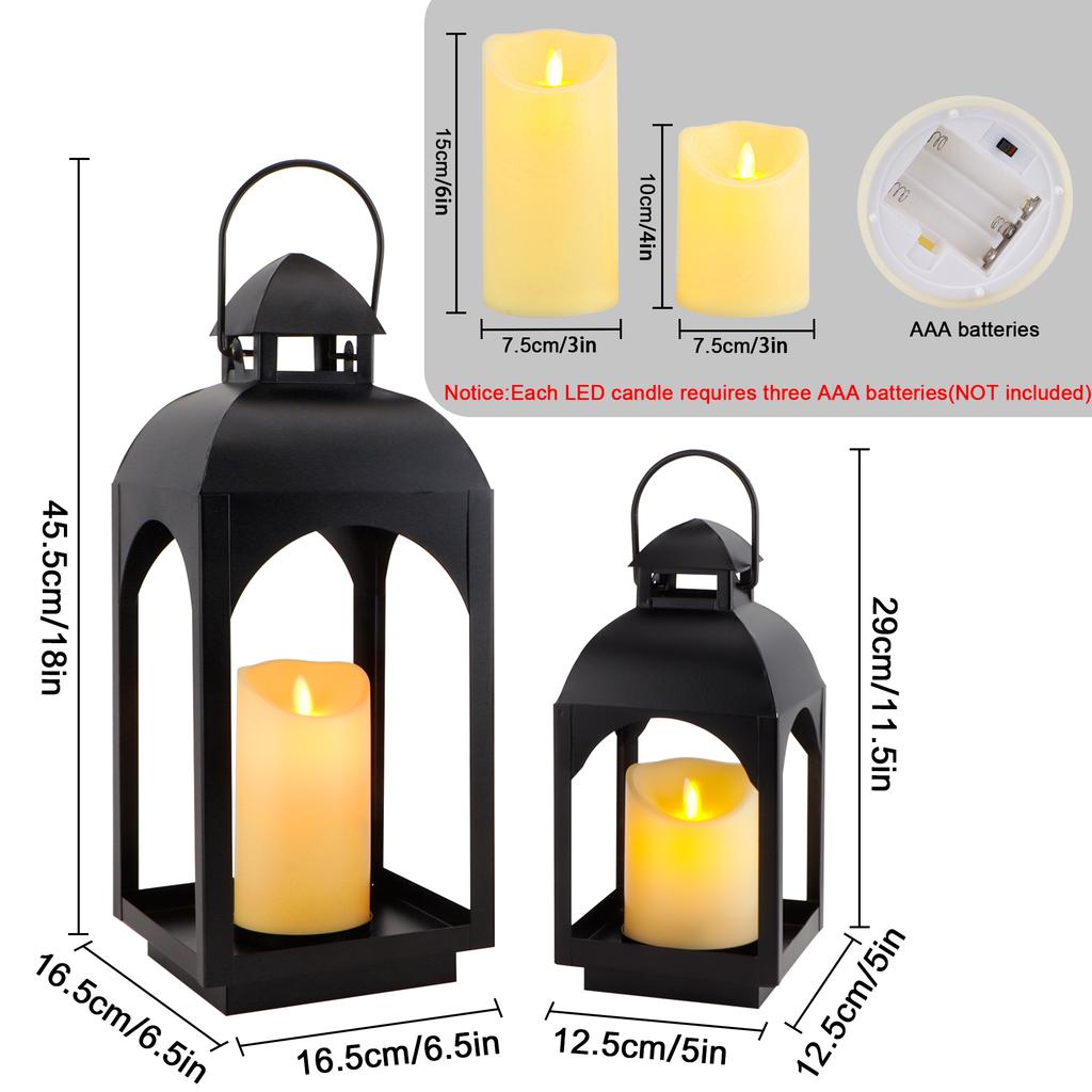 Vintage Set Of 2 Candle Lantern Black Metal Outdoor Lanterns Centerpieces for Patio Front Porch Wedding (Candles Included)