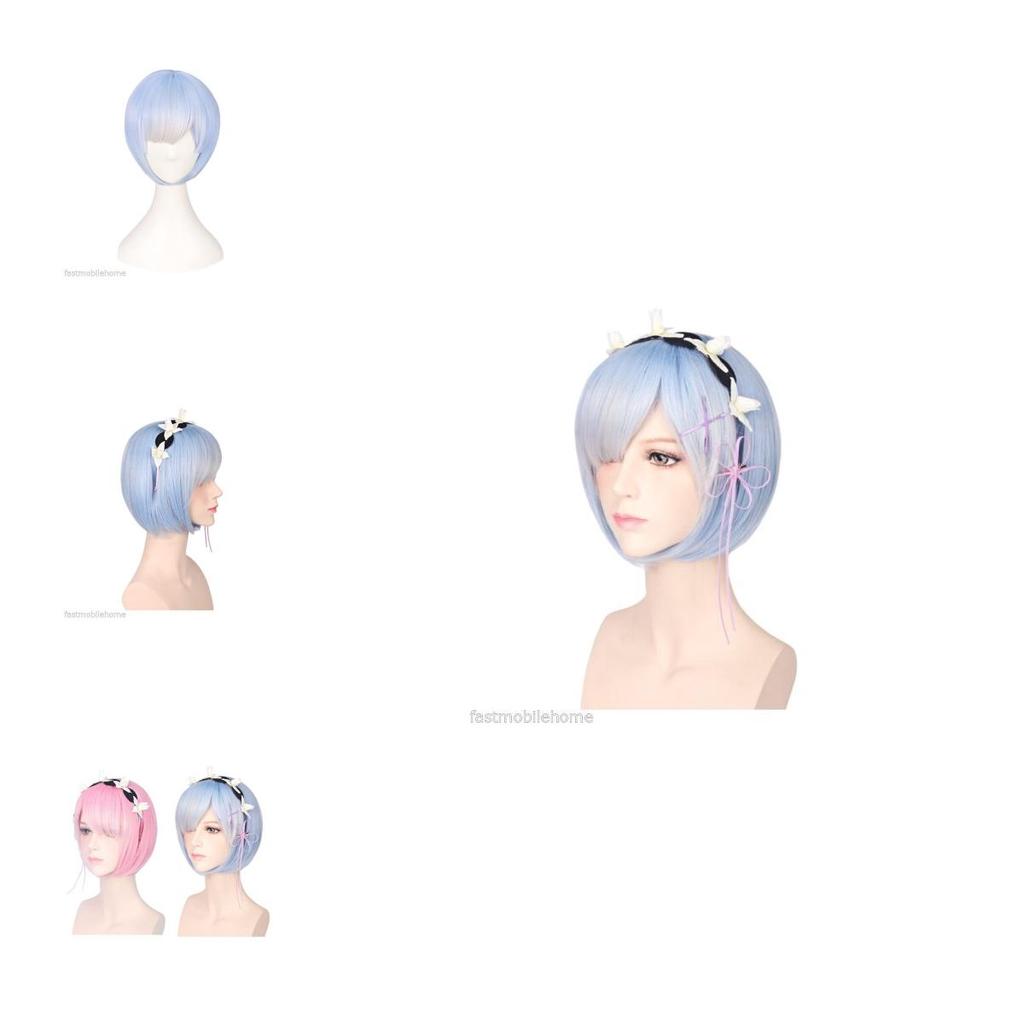 Premium Women Short Ram Rem Cosplay Wig With Stylish Adornment And Heat Resistant Synthetic Bob Hair