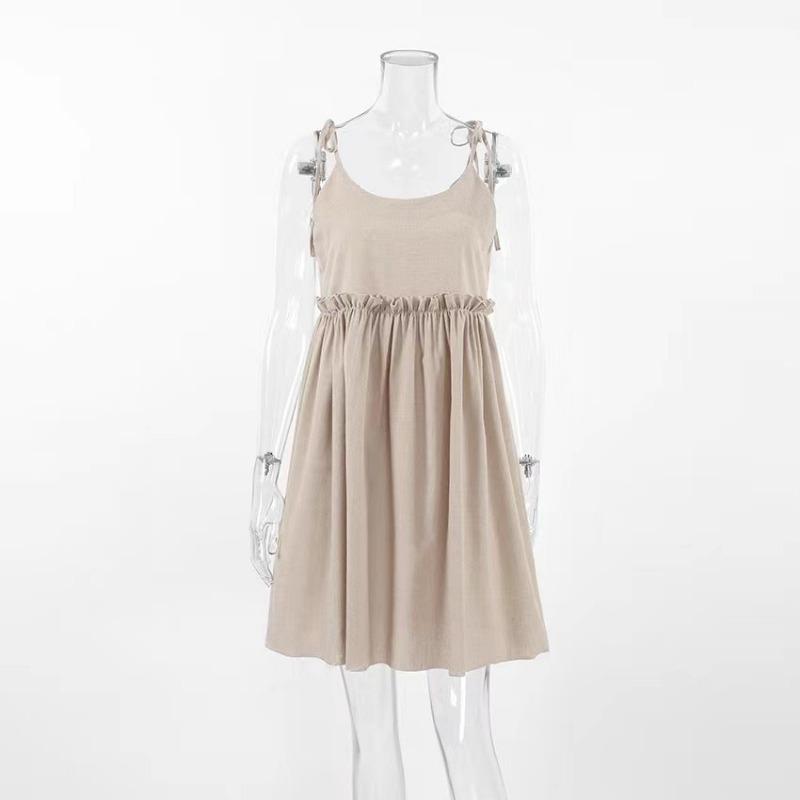 Ärmelloses Sommerkleid Locker A-Linie Mini Kurz Süße Mode Damen Spaghettiträger Partykleid Einfarbige Krawatte Rüsche Lässig Locker Falten Sommerkleid