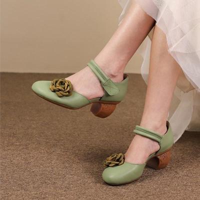 Round Toe Thick Heel Genuine Leather Retro Versatile Sandals Flower Comfortable High Heel Women's Shoes
