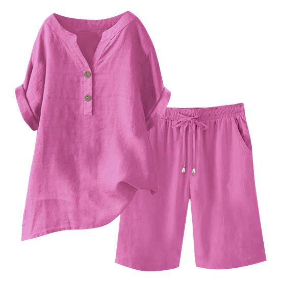 Cotton Linen 2 Piece Outfits for Women Short Sleeve V-Neck Top Wide Leg Shorts Set Summer Casual Loose Lounge Set