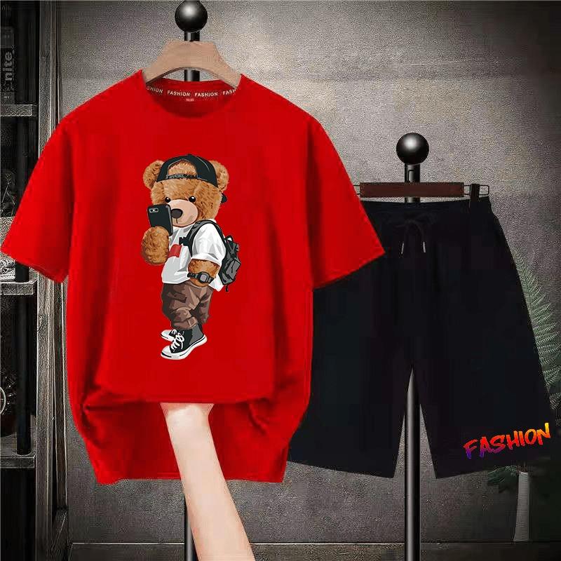 Korean Brand Bear Print T-shirt Men's Cotton Short-sleeved Oversized T-shirt Hip-hop Retro Suit Unisex Free Shipping