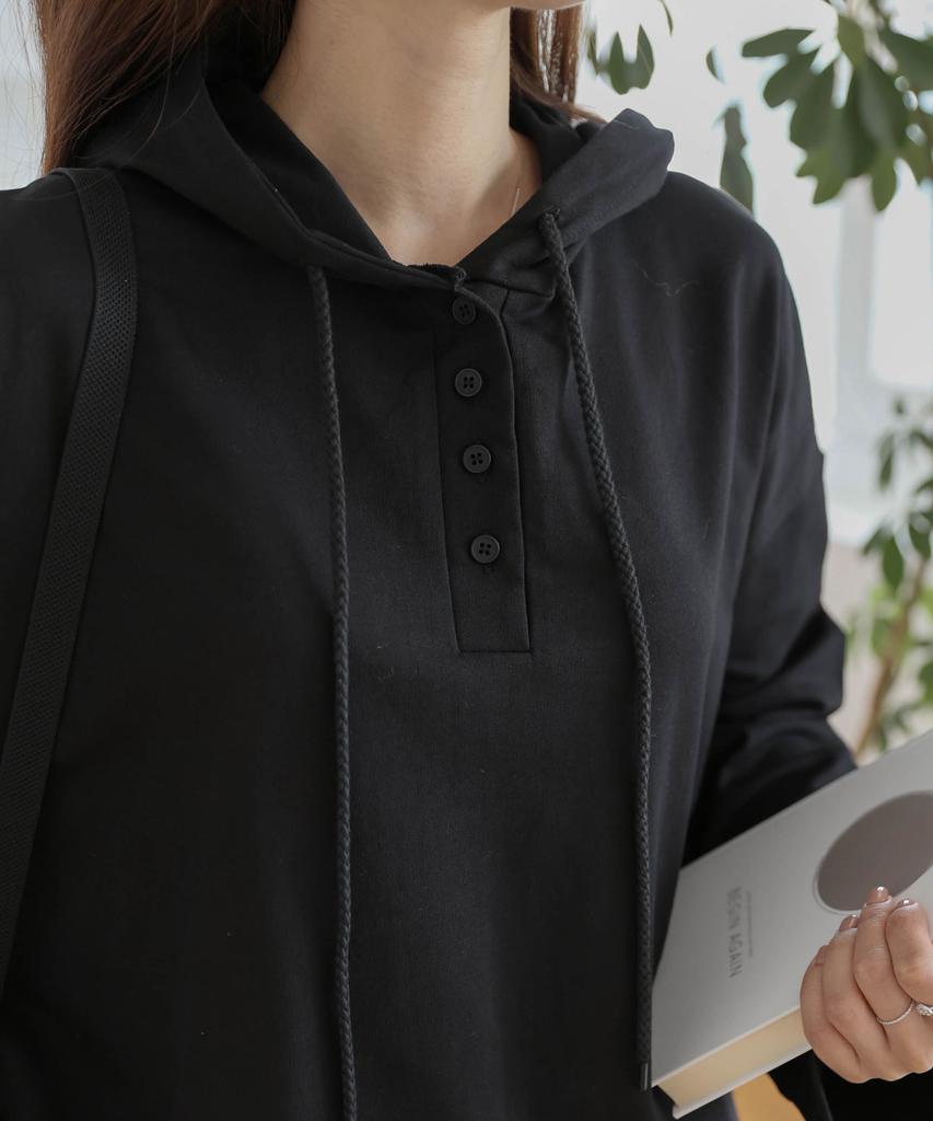 Loose-Fit Drawstring Button Long-Sleeve Hoodie