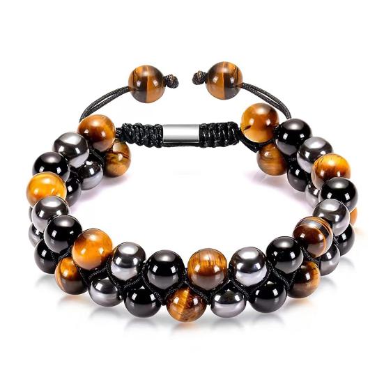 Yousheng Beads Bracelet Adjustable Beaded Double Layer Triple Protection Elastic Rope Bring Good Luck Gifts Men Women Natural Faux Tiger Eye Healing