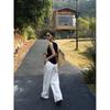White cotton-linen wide-leg pants for women, 2026 spring-summer casual high-waisted drapey relaxed trousers