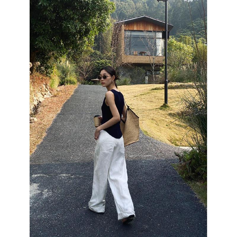 White cotton-linen wide-leg pants for women, 2026 spring-summer casual high-waisted drapey relaxed trousers