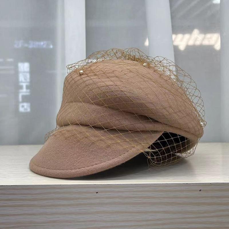 White Mesh Cap Women's Autumn and Winter New French Retro Short Edge Fashion Felt Hat British Elegant Wool Hat