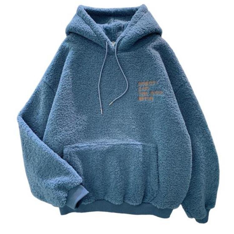 Warmer Winter Damen Hoodie Fleece Lockerer Pullover Lange Ärmel Dicke Buchstabenstickerei Oberteil Elastische Bündchen Kordelzug Aufgesetzte Tasche Herbst